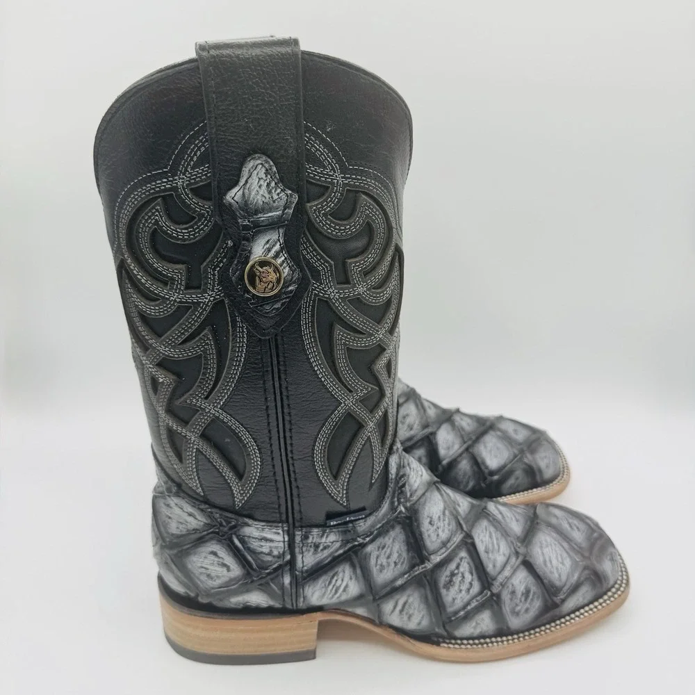 Rock'em Big Bass Print Boots Men's Size 7.5 EE‎ Black Leather  Square Toe